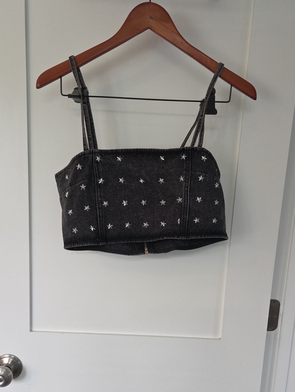 Black Star-Studded Denim Crop Top with Straps